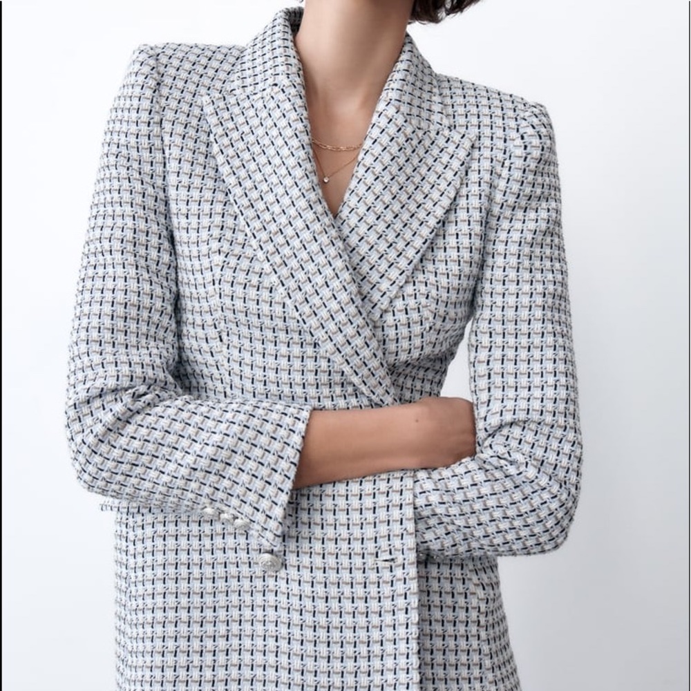 Zara TWEED TEXTURED DOUBLE BREASTED BLAZER SHOULDER PADS METAL BUTTONS NEW